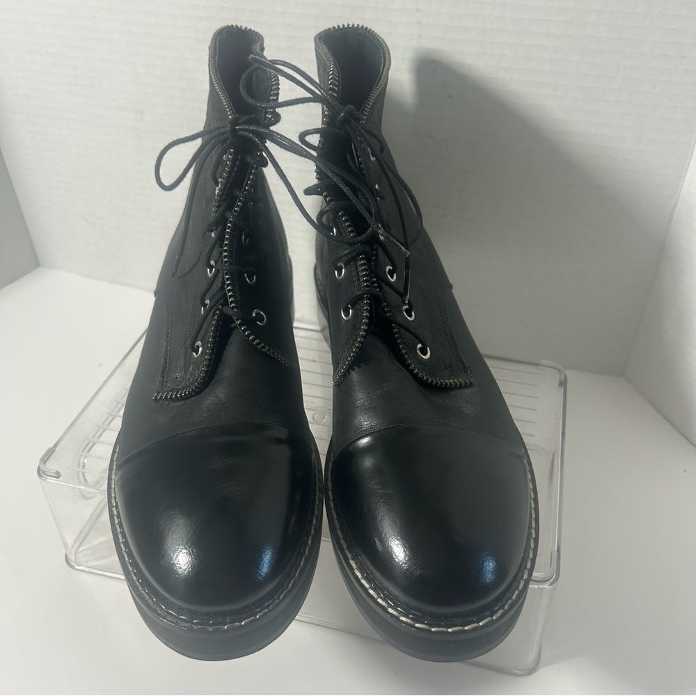 NEW JONAK Paris Women’s Black Leather Ankle Combat Moto Lace Up Boots - Picture 2 of 8
